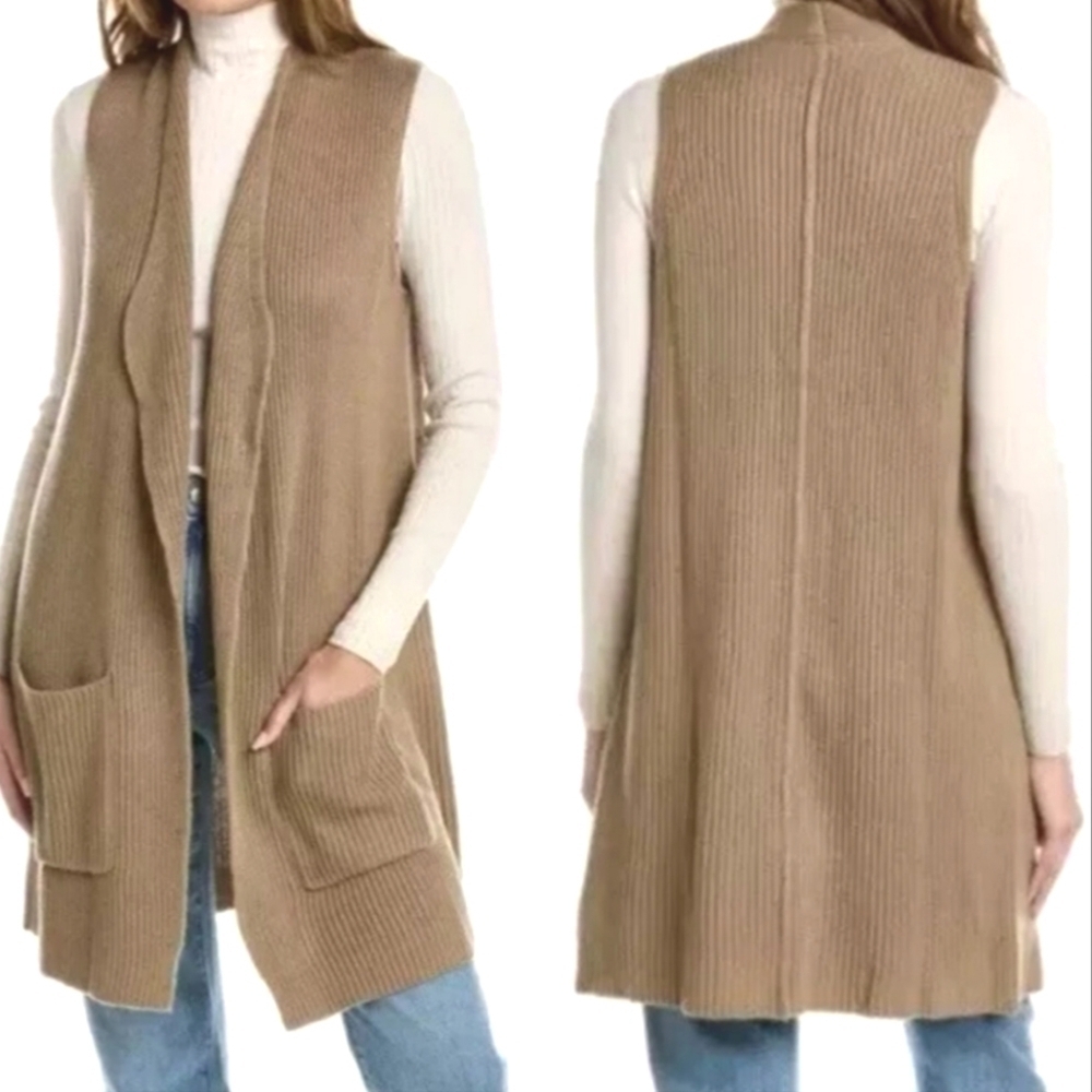 SPLENDID JULIET Sweater Open Front Sleeveless Knit Long Cardigan Tan Small New